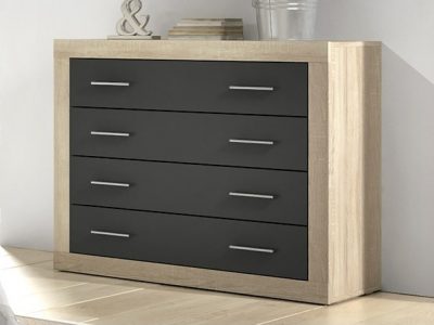 Wide modern 4 drawer chest of drawers - Catania. "Oak" with dark grey fronts