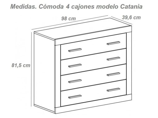 Размеры широкого комода с современным дизайном, 4 ящика - модель Catania