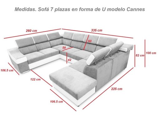 Medidas. Sofá 7 plazas en forma de U con cama extraíble y reposacabezas reclinables modelo Cannes
