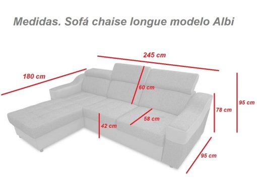 Medidas. Sofá chaise longue cama con altos reposacabezas - Albi