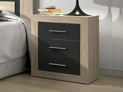 Modern 3 drawers bedside cabinet - Catania. “Oak” with dark grey (“graphite”) fronts