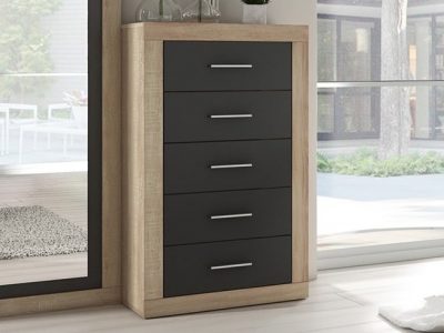 Tall modern 5 drawer chest of drawers – Catania. "Oak" with dark grey fronts
