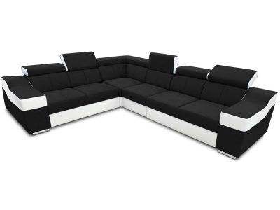 Large 6 seater corner sofa with high headrests – Grenoble. Black with white. Left side corner