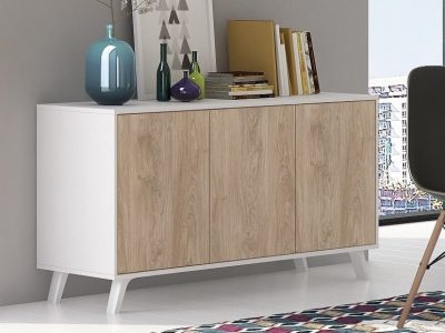 Scandinavian style sideboard with inclined legs - Lucca. White and "oak" colours