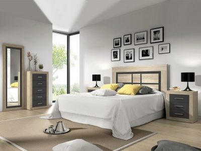 Bedroom set: tall chest of drawers, headboard, 2 bedside tables, full length mirror - Catania 02. “Oak” + dark grey