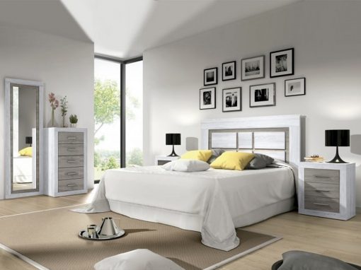 Conjunto de dormitorio - cabecero, 2 mesitas, sinfonier, espejo grande. Color gris claro con gris - Catania 02