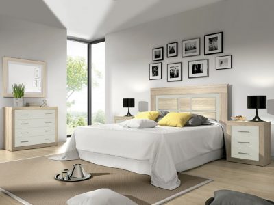 Complete bedroom set: headboard, 2 bedside tables, wide chest of drawers, mirror - Catania. Colour: “oak” with white