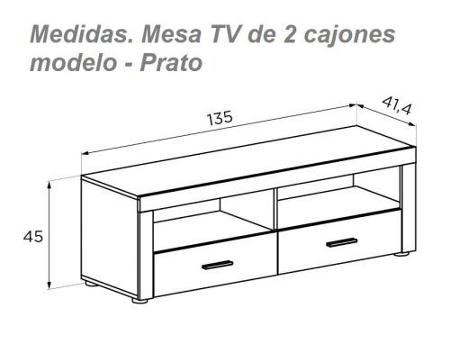 Medidas. Mesa TV de 2 cajones modelo Prato
