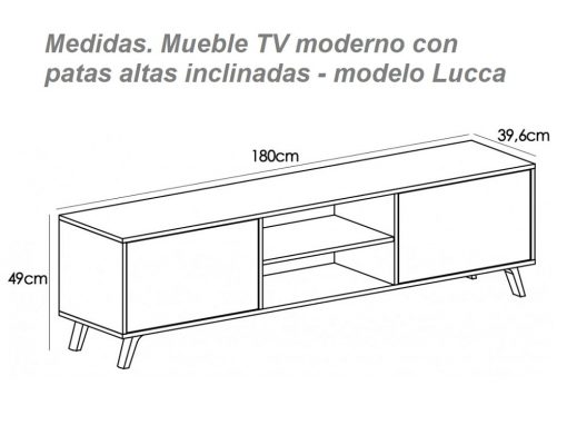 Dimensions of the modern TV stand on high inclined legs model Lucca