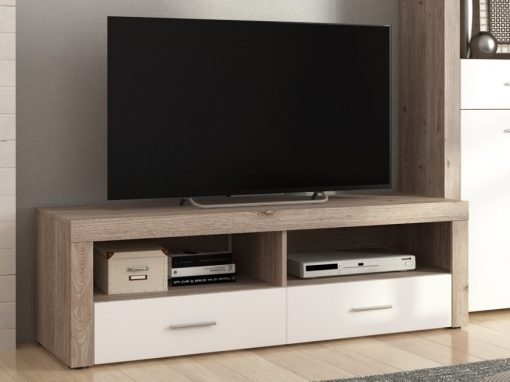 Mesa TV de 2 cajones, marrón con blanco, 135 cm - Prato