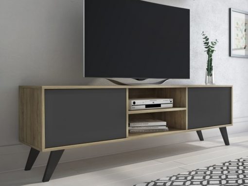 Modern TV stand on high inclined legs - Lucca. Oak and grey colour