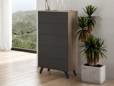 Modern tall 5 drawer chest of drawers with inclined legs - Lucca. Colour - "oak" and dark grey