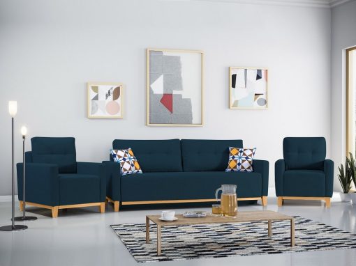 Conjunto de 2 sillones y un sofá cama con patas de madera y arcón. Color azul oscuro - Monaco