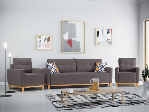 Conjunto de 2 sillones y un sofá cama con patas de madera y arcón. Color gris - Monaco