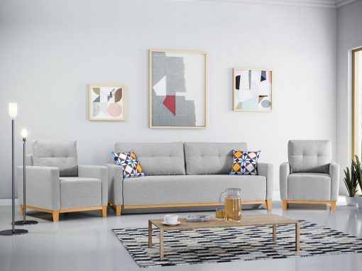 Conjunto de 2 sillones y un sofá cama con patas de madera y arcón. Color gris claro - Monaco