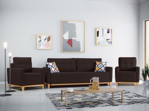 Conjunto de 2 sillones y un sofá cama con patas de madera y arcón. Color marrón oscuro - Monaco