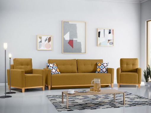Conjunto de 2 sillones y un sofá cama con patas de madera y arcón. Color 'oro' - Monaco