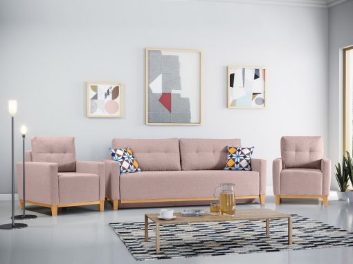Conjunto de 2 sillones y un sofá cama con patas de madera y arcón. Color rosa - Monaco