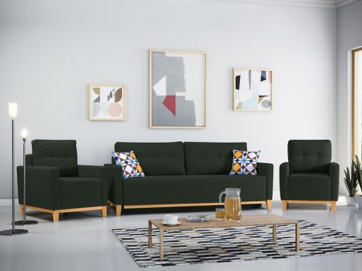 Conjunto de 2 sillones y un sofá cama con patas de madera y arcón. Color verde oscuro - Monaco