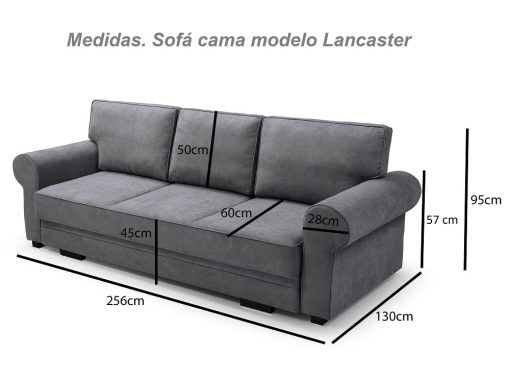 Medidas. Sofá cama grande estilo clásico con arcón modelo Lancaster
