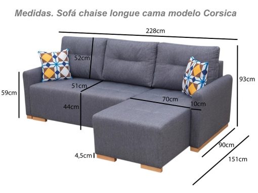 Medidas. Sofá chaise longue cama (derecho) con arcón - Corsica