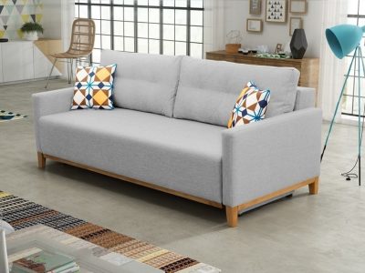 Sofa bed with wood legs and storage - Monaco. Light grey fabric