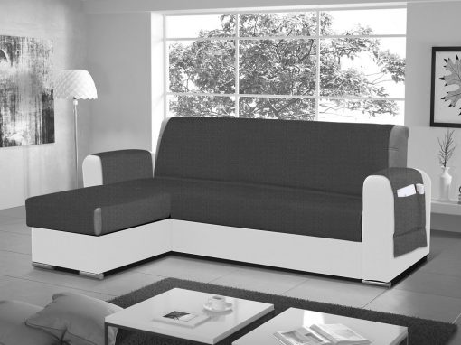 Funda salvasofá para sofá chaise longue - Cuvert 01. Color blanco-negro. Esquina lado izquierdo