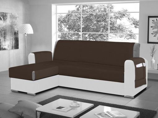 Funda salvasofá para sofá chaise longue - Cuvert 01. Color marrón. Esquina lado izquierdo