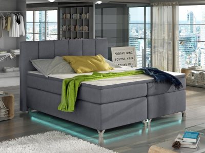 Bed with LED lights, 140 x 200, mattress, storage, headboard, topper - Barbara. Light grey fabric soro 93