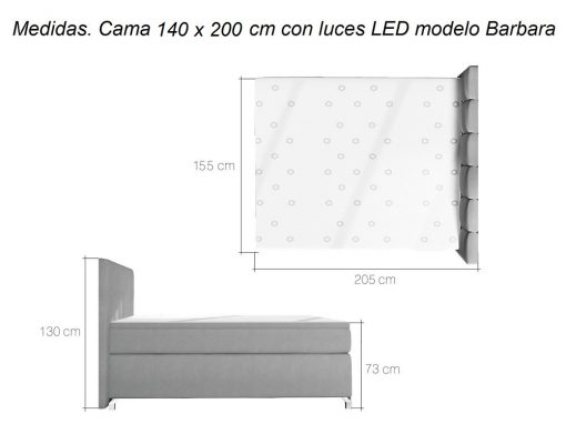Medidas de la cama 140 x 200 con luces LED modelo Barbara