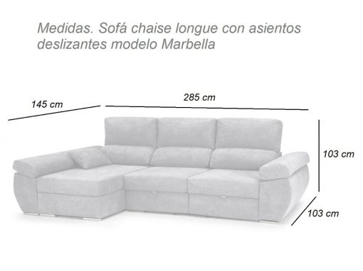 Medidas del sofá chaise longue con asientos deslizantes y arcón – Marbella