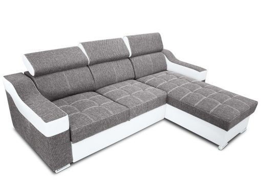 Sofá chaise longue cama con altos reposacabezas - Albi. Tela gris claro, piel sintética blanca. Chaise longue montado al lado derecho