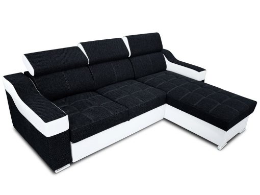 Sofá chaise longue cama con altos reposacabezas - Albi. Tela negra, piel sintética blanca. Chaise longue montado al lado derecho