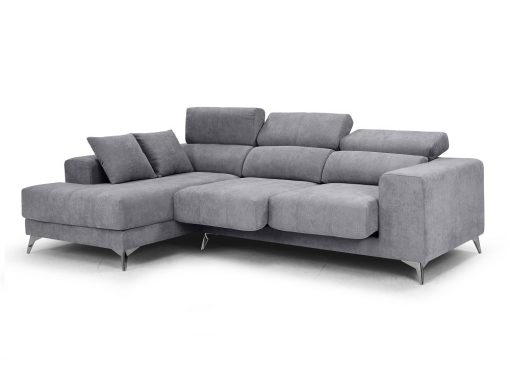 Asientos deslizantes y respaldos reclinables del sofá chaise longue modelo Nashville. Tela gris claro. Chaise longue izquierda