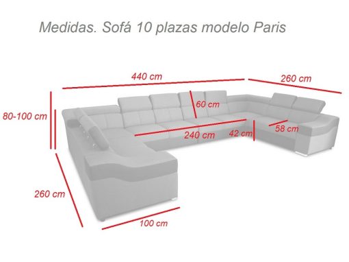 Medidas. Sofá en forma de U, 10 plazas, XXXL - modelo Paris