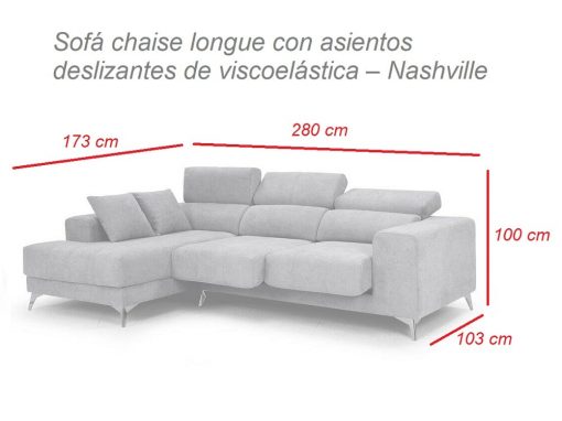 Medidas. Sofá chaise longue modelo Nashville. Chaise longue lado izquierdo