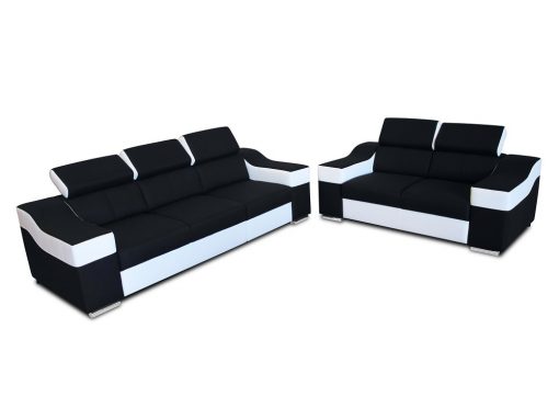 Conjunto tres más dos - sofá 3 plazas, 2 plazas, reposacabezas reclinables - Grenoble. Tela negra, polipiel blanca