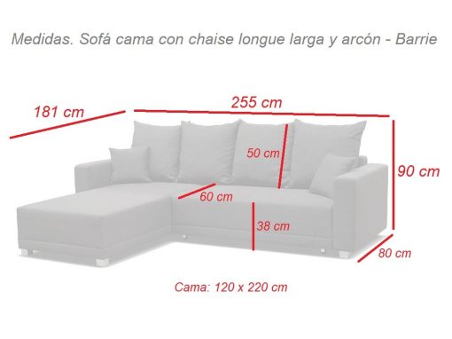 Medidas. Sofá cama con chaise longue larga y arcón - Barrie