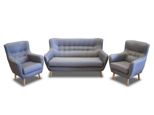 Conjunto de un sofá 2 plazas de diseño con botones y 2 sillones – Stockholm. Tela gris