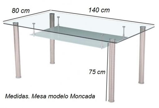 Medidas. Mesa comedor de cristal con balda y patas metálicas modelo Moncada