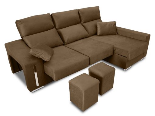 Sofá chaise longue (derecha), asientos extraíbles, cabezales abatibles, 2 pufs - Nantes. Tela marrón