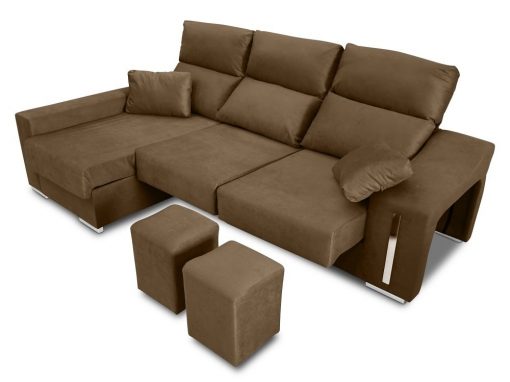 Sofá chaise longue (izquierda), asientos extraíbles, cabezales abatibles, 2 pufs - Nantes. Tela marrón
