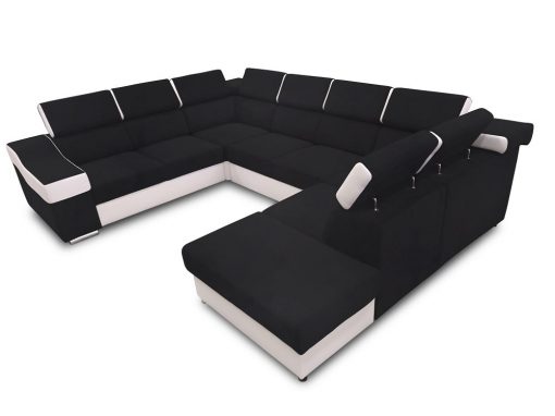 Sofá 7 plazas en forma de U con cama extraíble y reposacabezas reclinables - Cannes. Brazo lado izquierdo. Blanco+negro