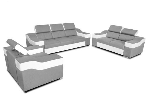 Conjunto 3+2+1 - sofá 3 plazas, 2 plazas, 1 sillón, reposacabezas reclinables - Grenoble. Tela gris claro, polipiel blanca