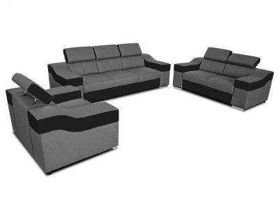 Conjunto 3+2+1 - sofá 3 plazas, 2 plazas, 1 sillón, reposacabezas reclinables - Grenoble. Tela gris, polipiel negra