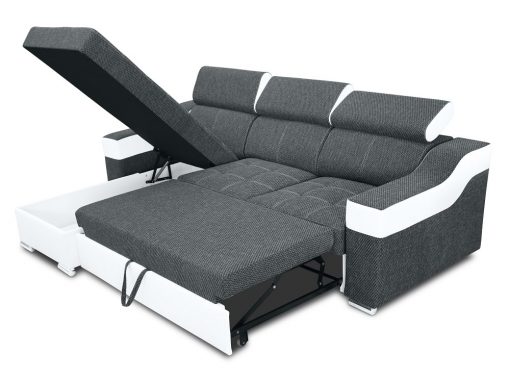 Sofá chaise longue cama con altos reposacabezas, arcón. Tela gris oscuro, polipiel blanca. Chaise longue izquierda. Albi Plus
