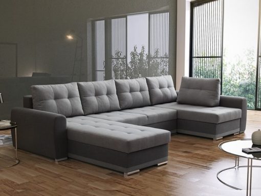 Sofá en forma de U con cama y arcón, tapizado en tela 2 tonos de gris - Stratford. Esquina lado derecho