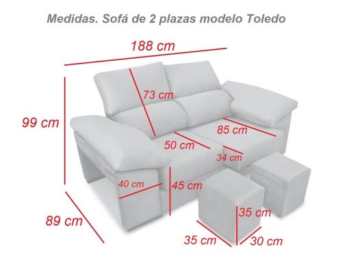 Medidas. Sofá dos plazas, asientos deslizantes, respaldos reclinables, 2 pufs - Toledo