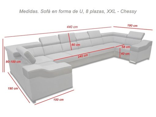 Medidas. Sofá en forma de U, 8 plazas, XXL modelo Chessy