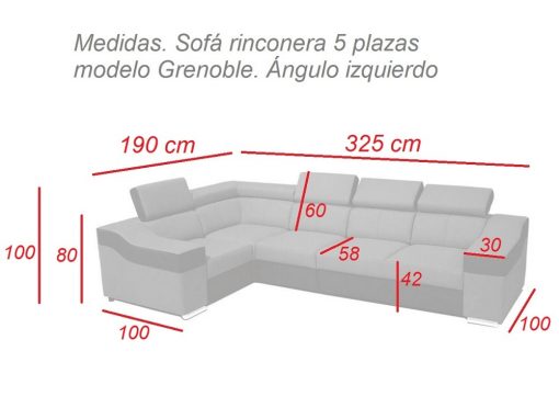Размеры 5-меcтного углового дивана Grenoble. Левый угол